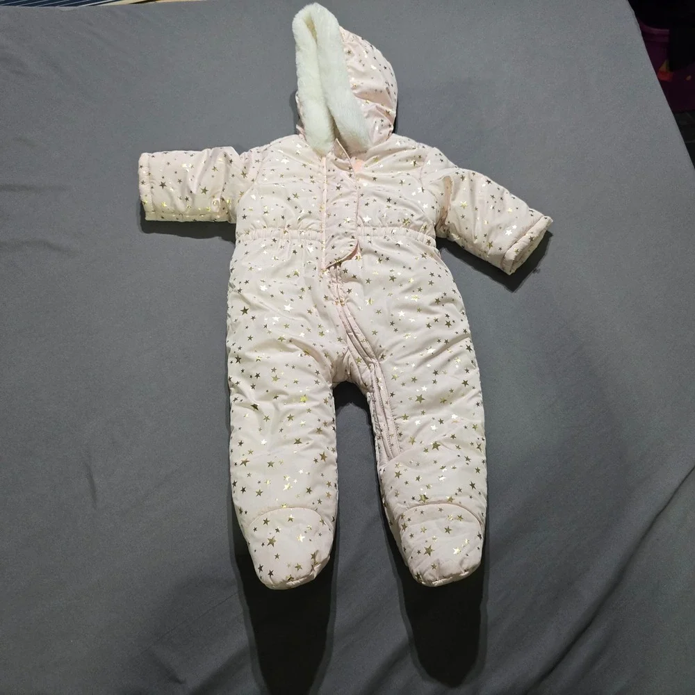 The Childrens Place Pram Suit Baby 6-9M Pink Gold Star Hooded Fleece